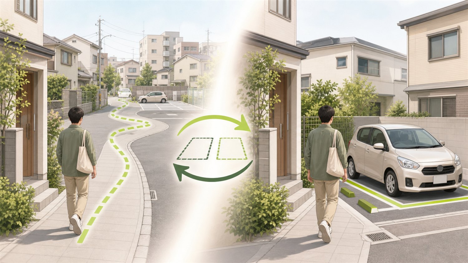 駐車場を交換して、自宅から駐車場までの距離が近くなるイメージ